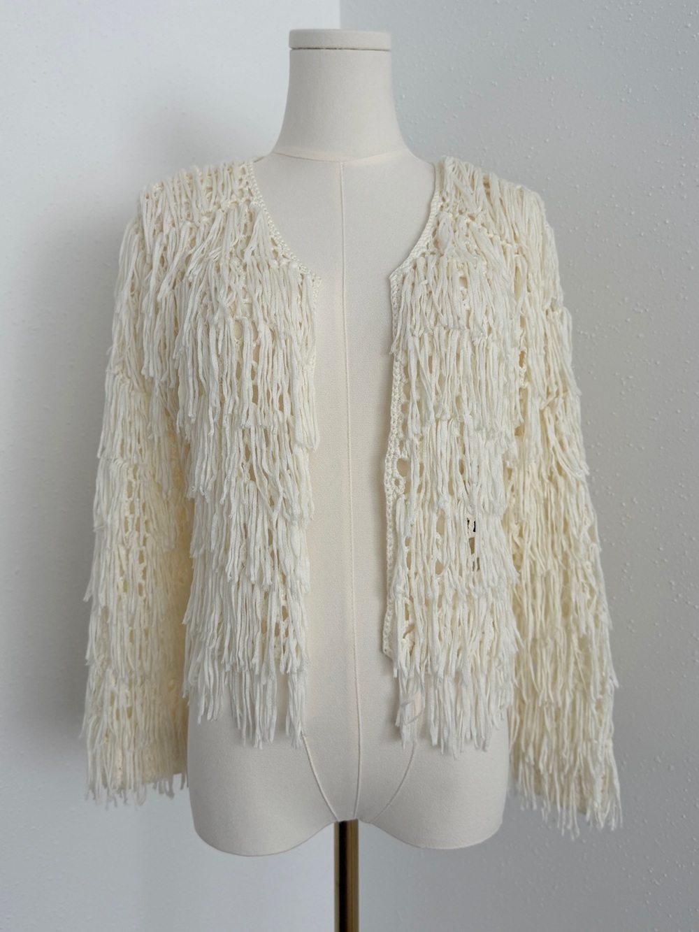Boho Fringe Cream Open Knit Cardigan Western Festival Coastal Cowgirl Sweater S